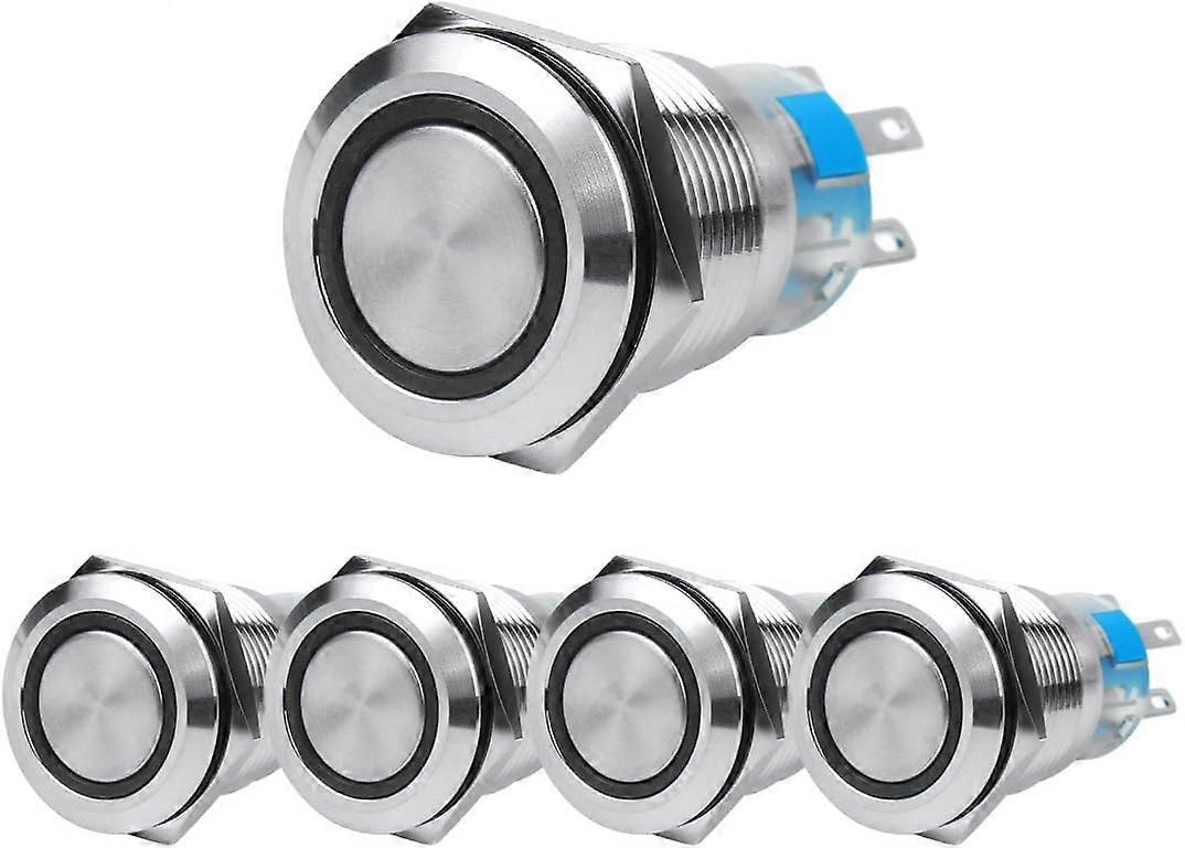 19mm Push Button Switch, DIY 12V Switch with Indicator Light, Latching, Metal, Waterproof, 5pcs JSANKG-07 (Blue Light)