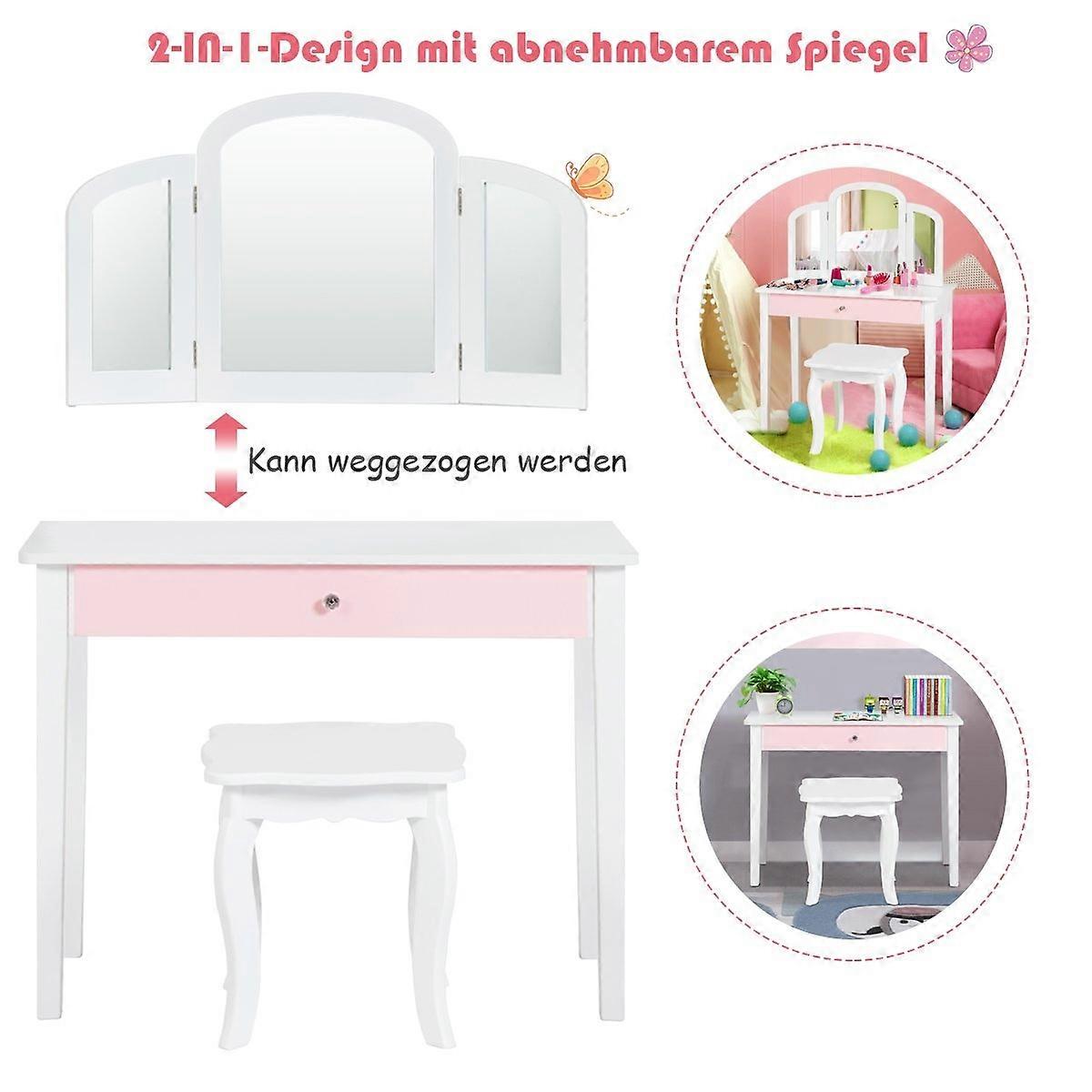 Children's Makeup Table Set 2 in 1 with Triple Folding Mirror and Drawer White