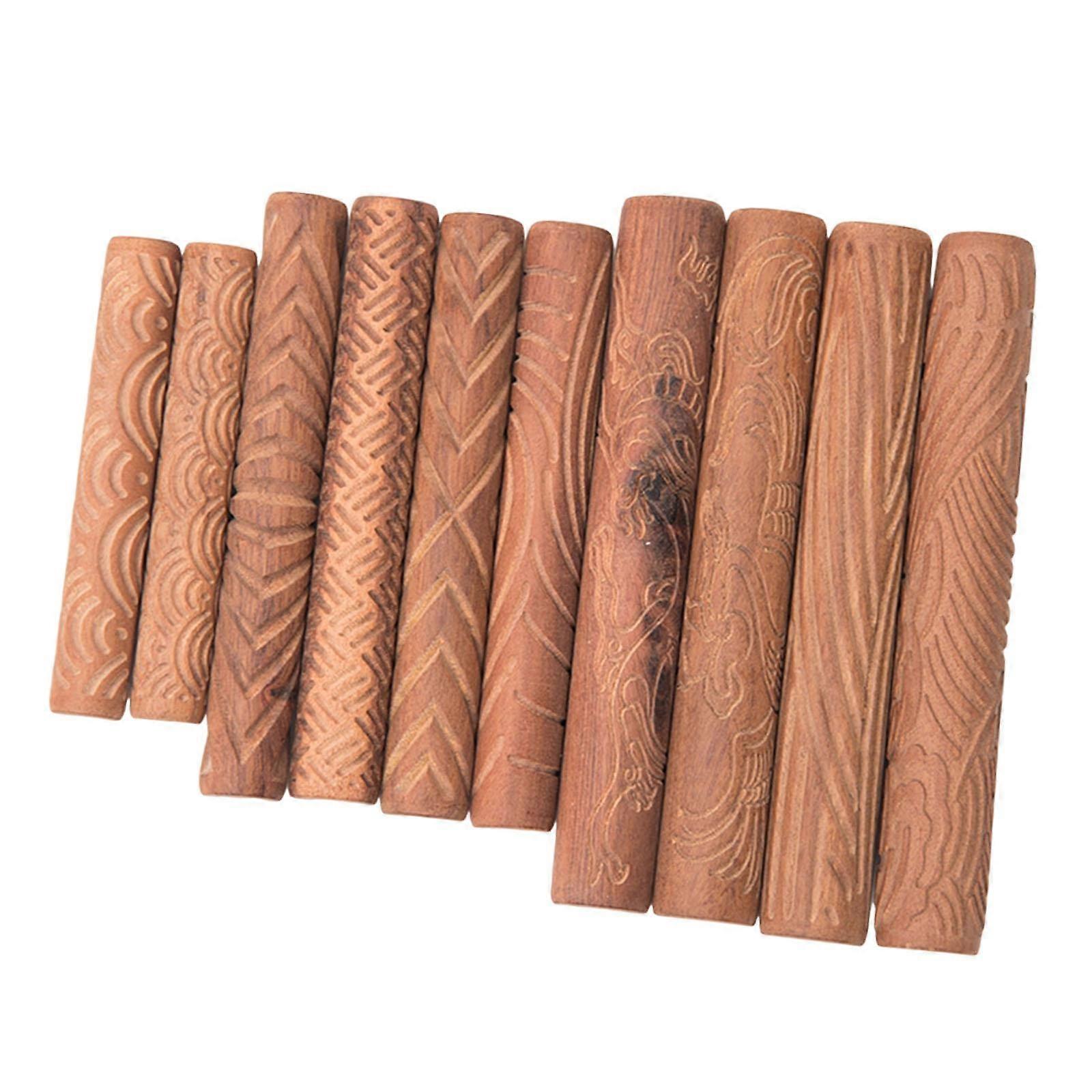 10Pcs Clay Modeling Pattern Rollers Reusable Wooden Handle Clay Rolling Pin