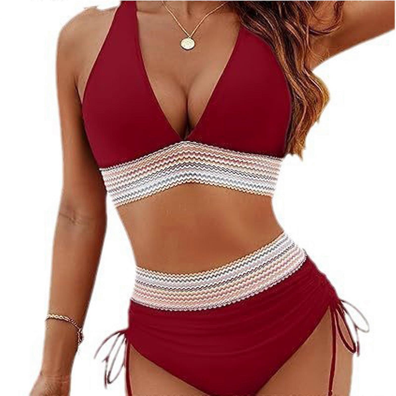 Femmes élégantes Maillot de bain taille haute Maillots de bain Push Up Maillots de bain réglables à cordon de serrage Col en V Maillots de bain contrôlés par le ventre Claret XL