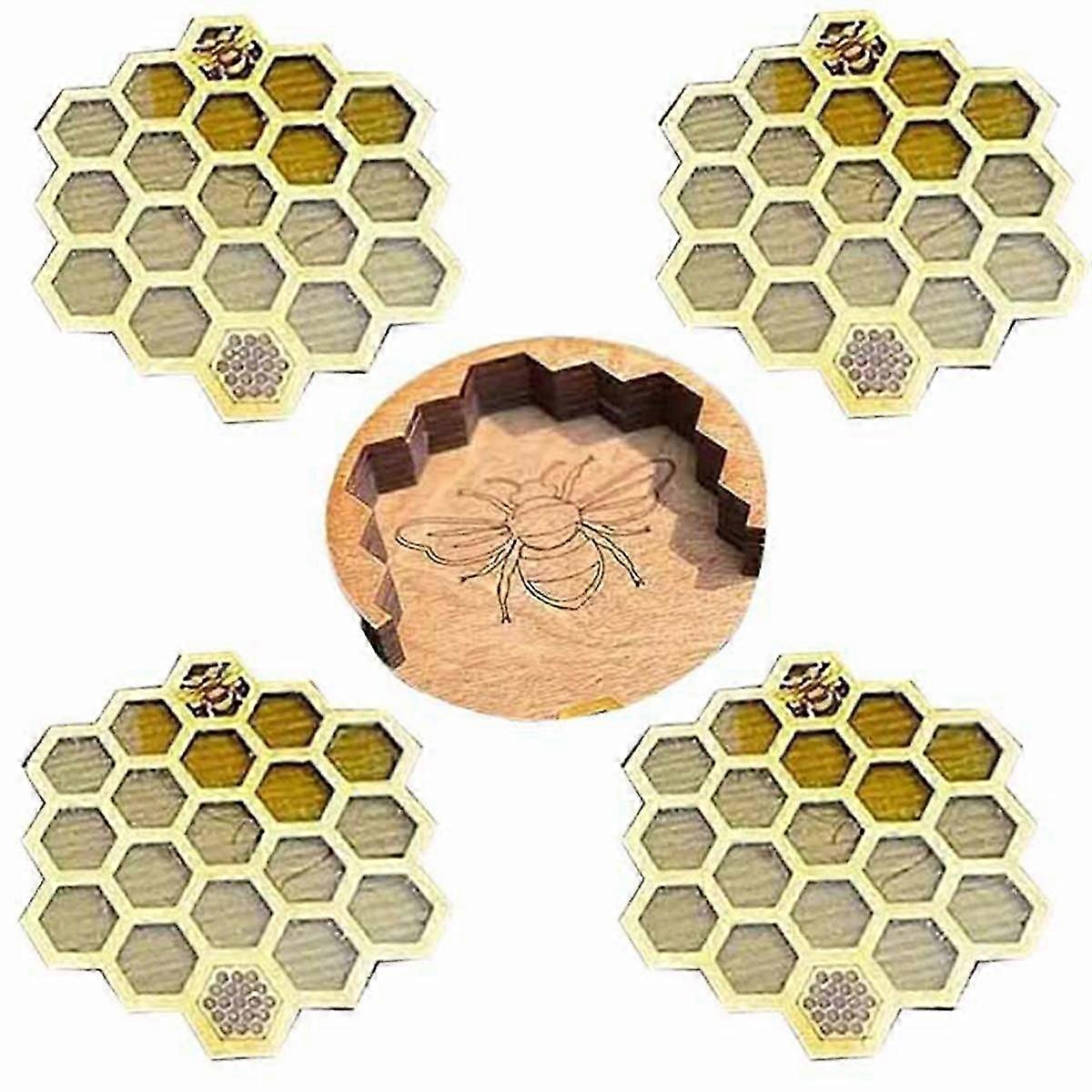 ホルダー付きドリンク用コースターセット、4個のハニカム型ドリンクコースター、コールド/ホット用マグコースター