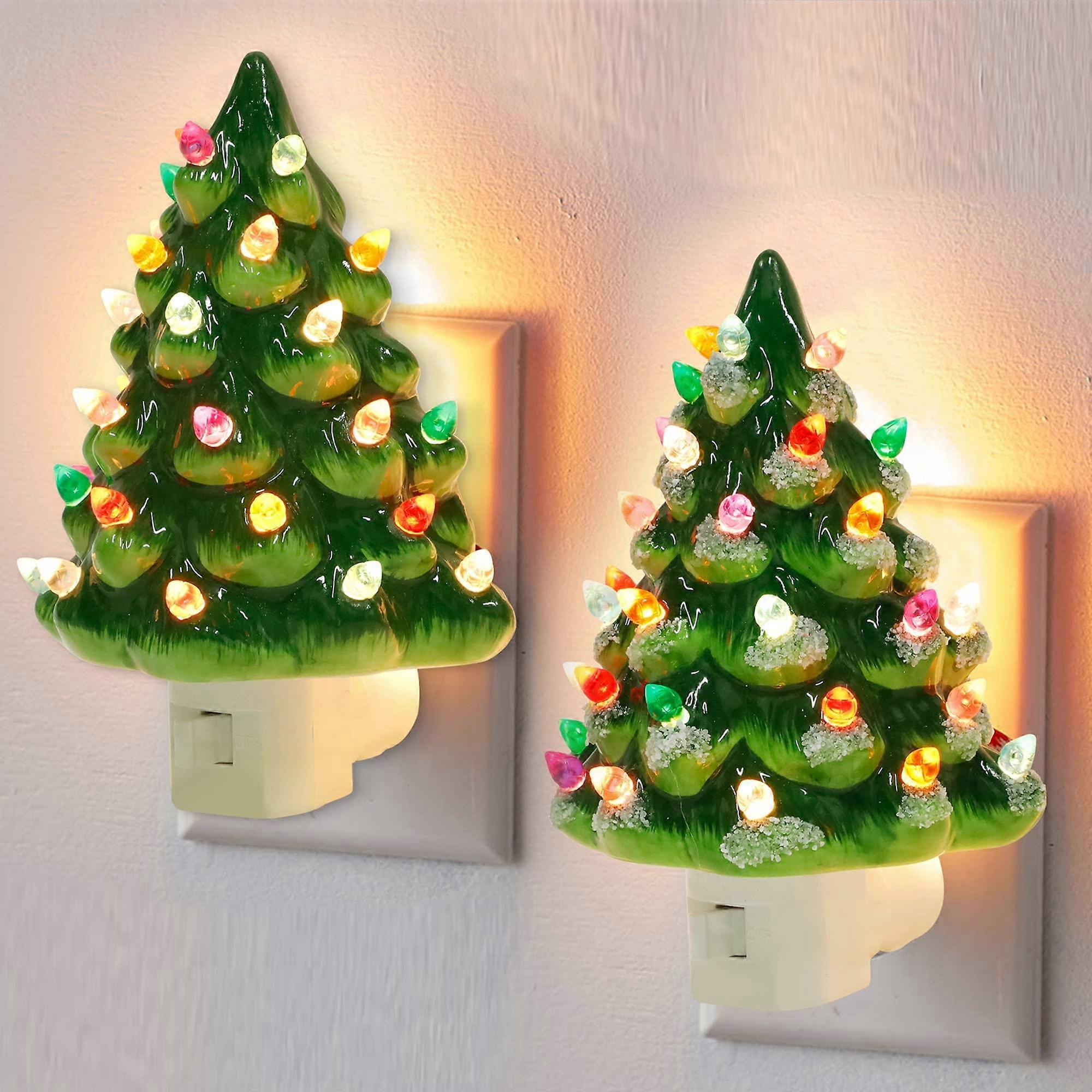 Christmas Ceramic Tree Night Lights 2 Pack, Multicolor Decorative Nightlight with Bulbs, Ceramic Xmas Lamp