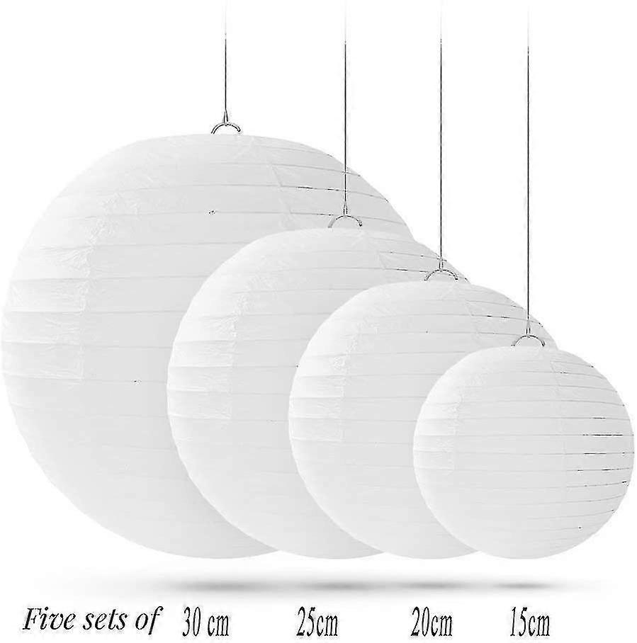 20 Pcs White Round Paper Lanterns With Wire Ribbing, Different Sizes