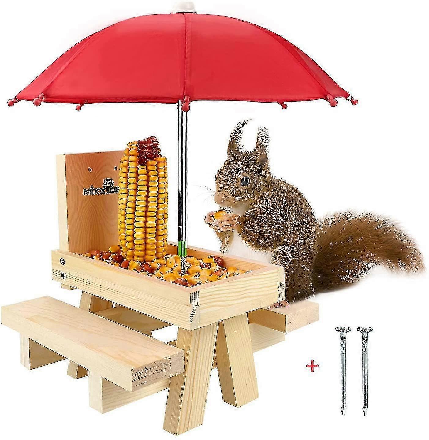 Squirrel Feeder Table With Umbrella, Wooden Squirrel Picnic Table Feeder, Durable Squirrel Feeder Corn Cob Holder