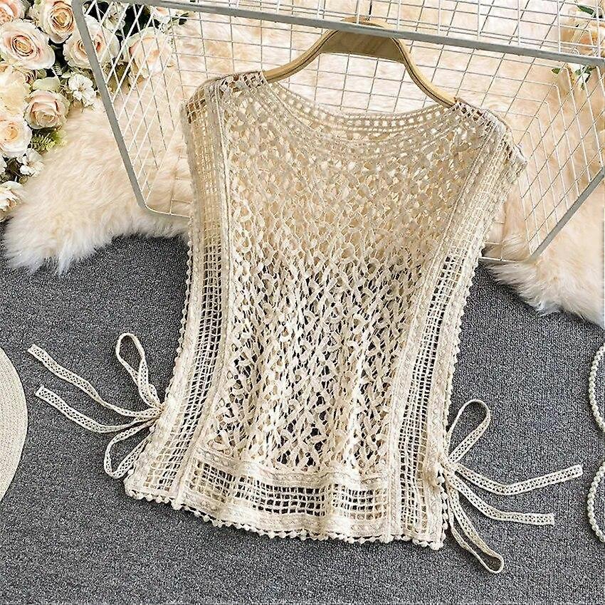 Summer Crochet Top Shirt Women's Knitted Vest Sleeveless T Shirt Sexy Holow Out Side Lace Up Lace T-Shirt Tee Shirt Femme