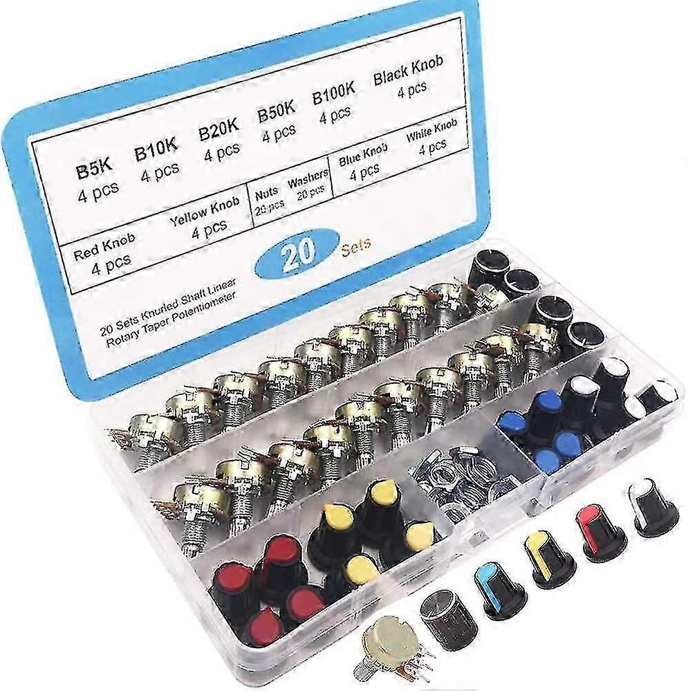 20pcs Potentiometer Kit,b5k B10k B20k B50k B100klinear Rotary Potentiometer, Rotary Potentiometer, 3 Terminal Linear Potentiometer, Wh148