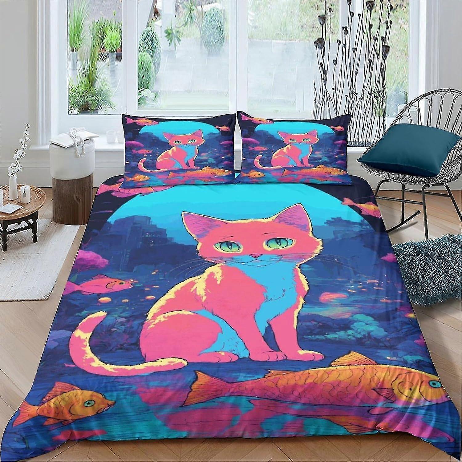 3D Printed Cat Bedding Set for Teens, Animal Pattern Duvet Cover Set with Pillowcases, Microfiber Quilt Cover with Zipper Closure, King