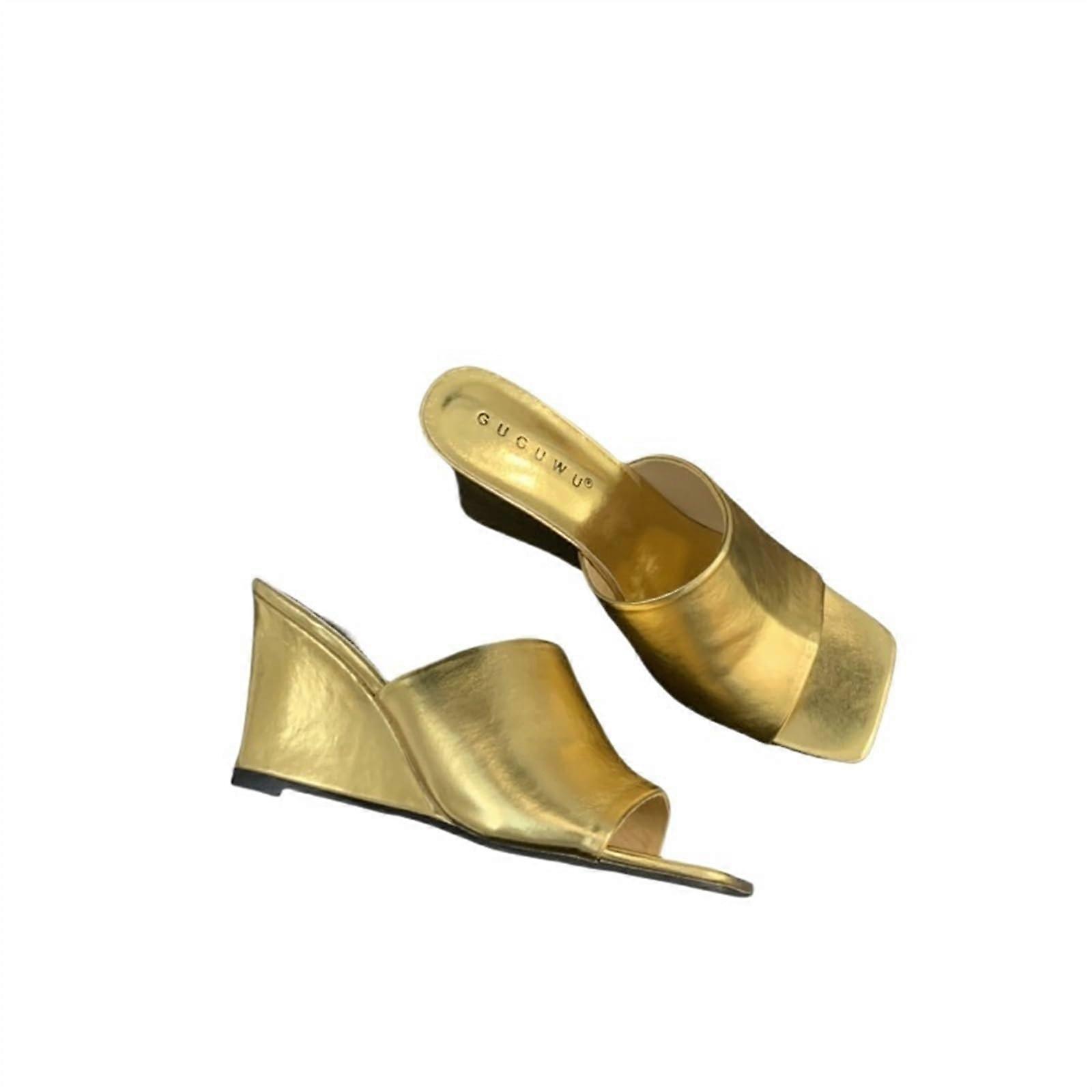 Women's Square Toe Chunky Heel Sandals, Open Toe Slip On Design, Comfortable Gold Block Heel Shoes