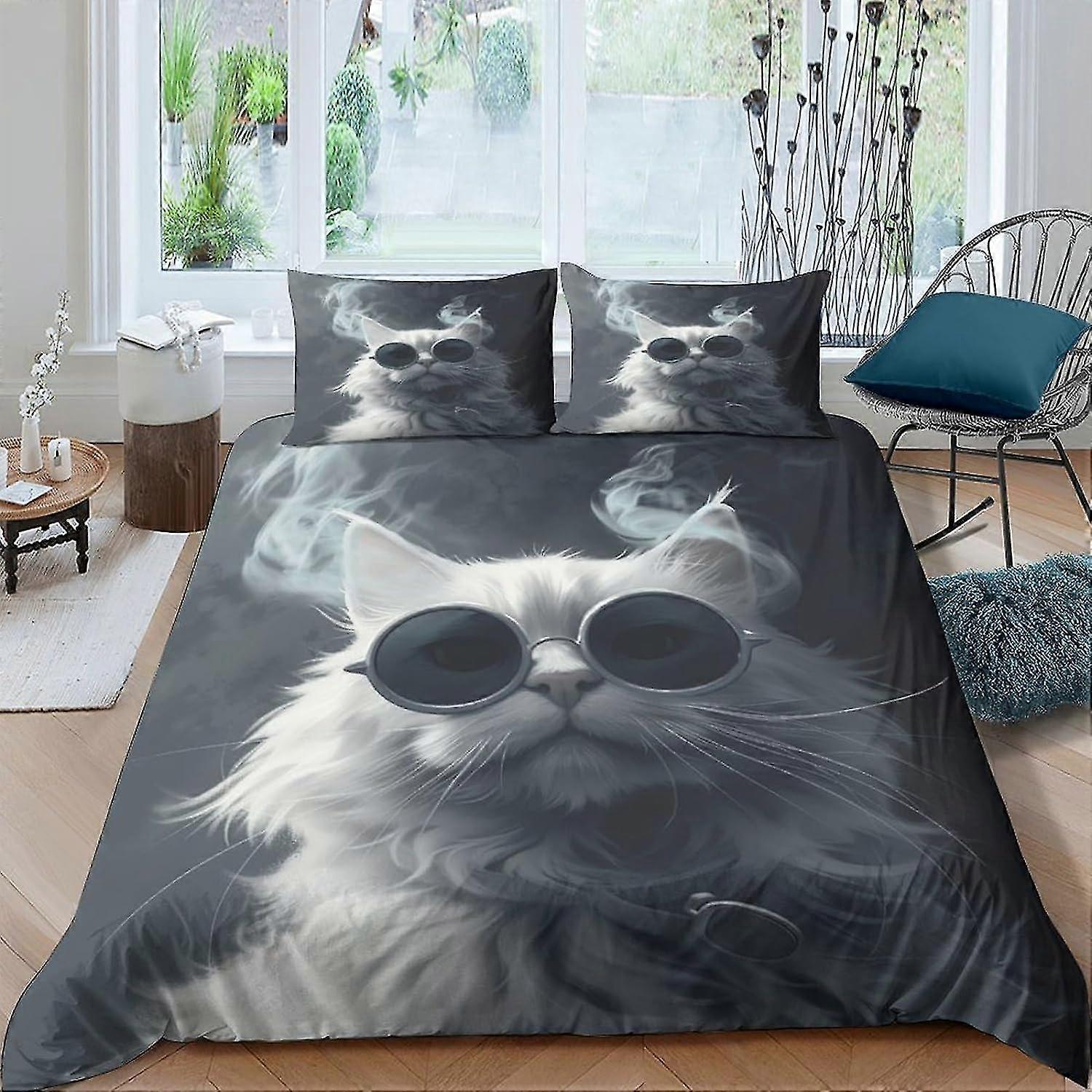 Tecknad katt tryckt påslakan set sängkläder set 3 st mjukt mikrofibertäcke med örngott och dragkedja dubbel