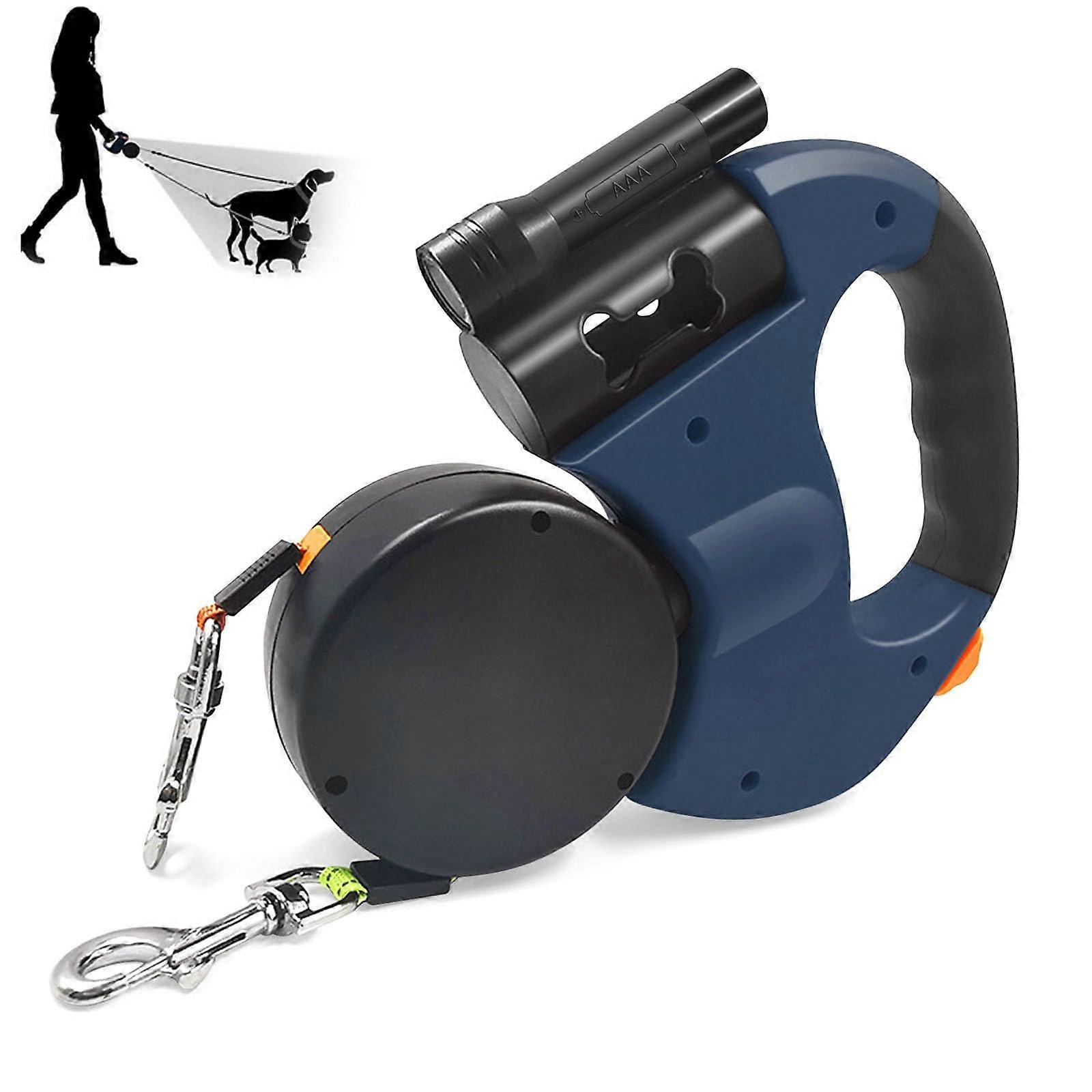 Double Retractable Dog Lead for 2 Dogs with Light, Comfortable Handle, Blue