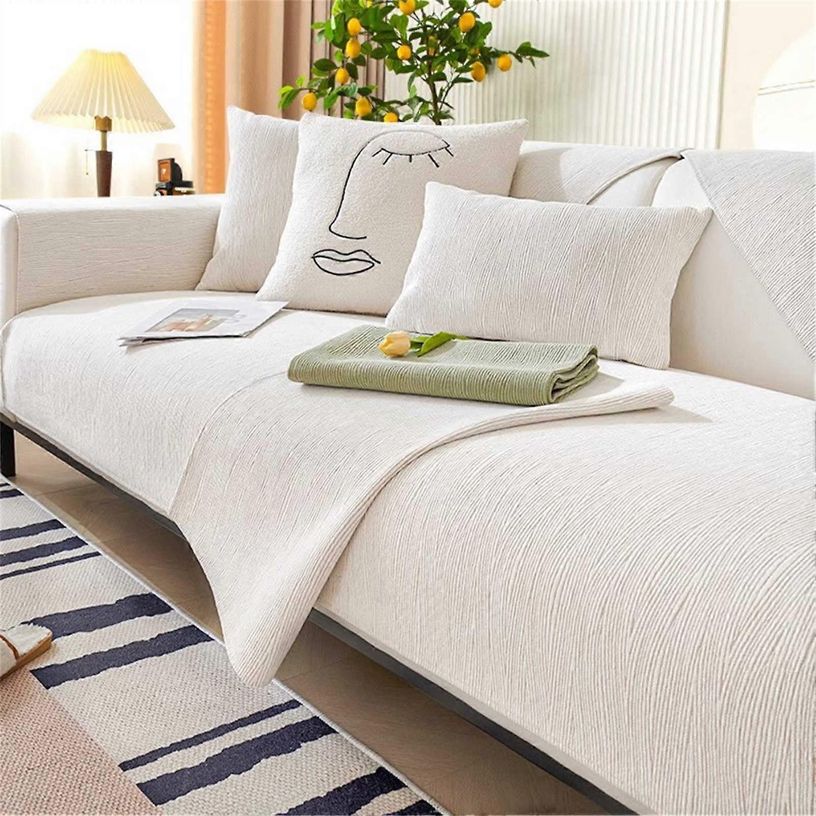 Chenille Sofa Cover with 2 Cushion Covers - Non-Slip Universal Furniture Protector for Sofas and Chairs - Beige 90x160cm