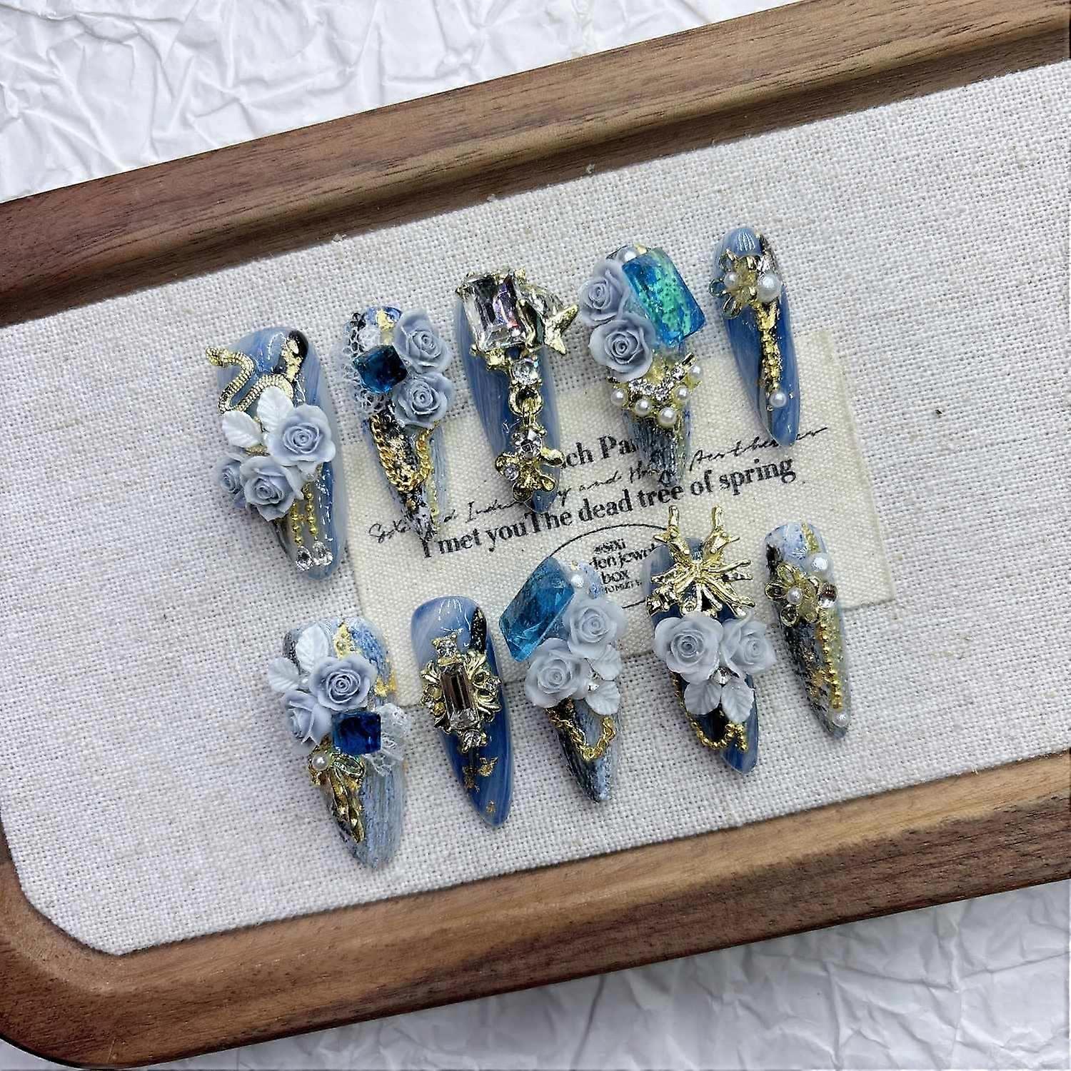 Blue Gold Press on Nails Handmade Diamond French Luxury Art