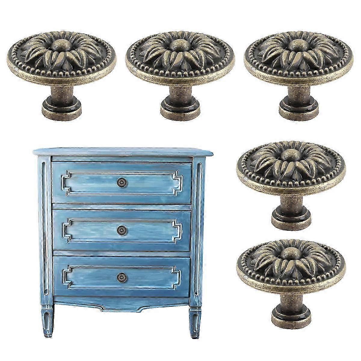 5Pcs Antique Cabinet Knobs, Metal Round Bronze Knobs, Vintage Dresser Knobs, Single Hole Pull Handle for Furniture