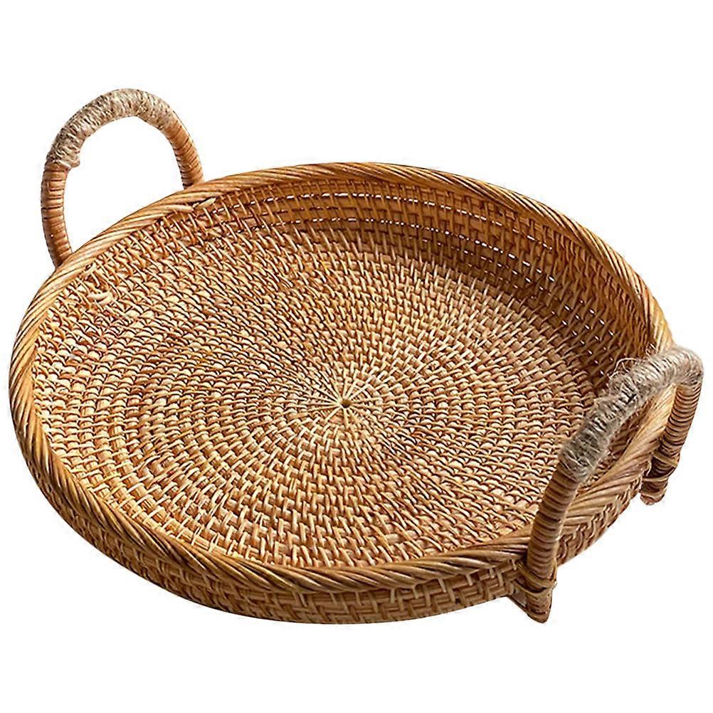 Khaki Round Rattan Tray for Storage Use Handwoven Lightweight with Handles 12.5 inches Diameter