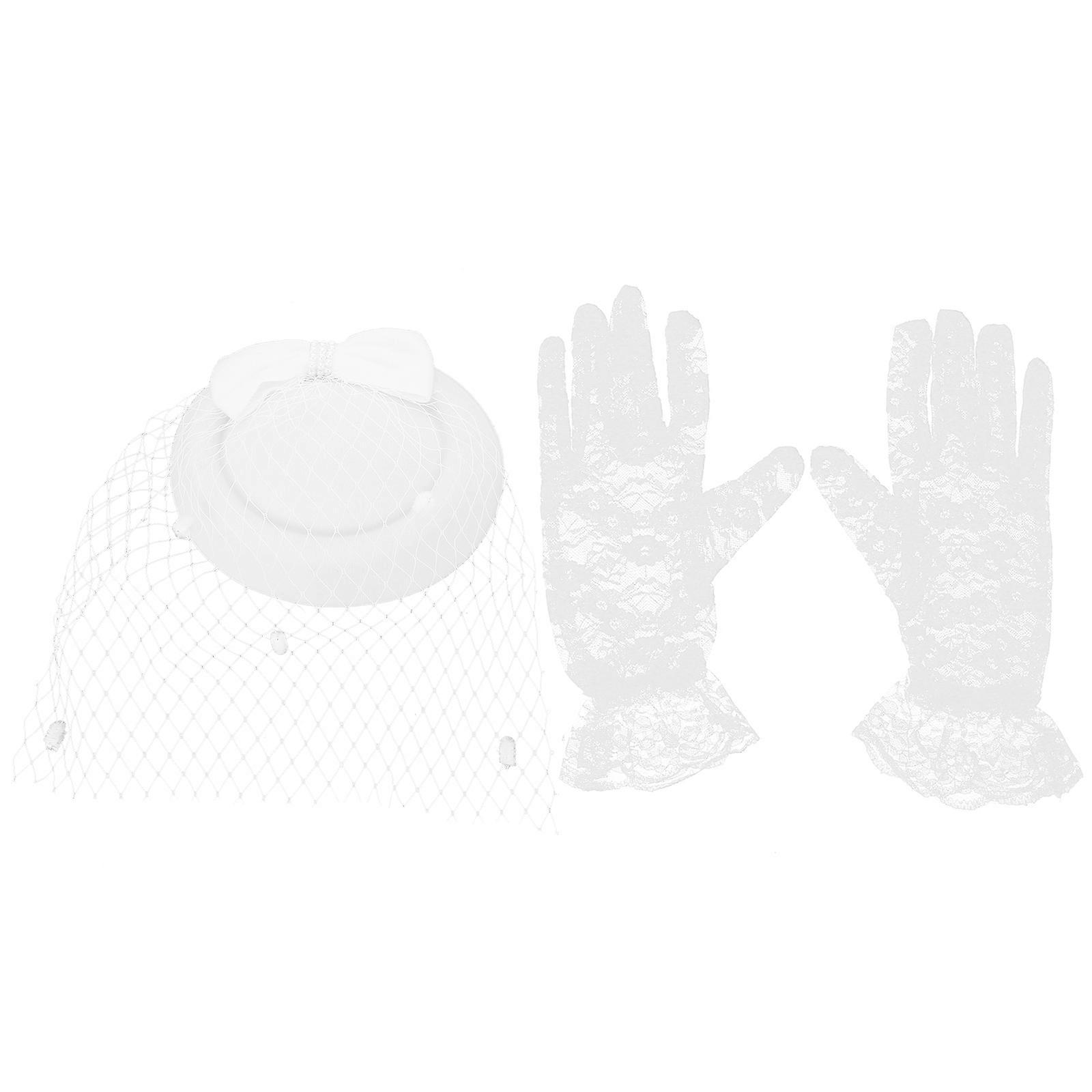 レトロなカクテルパーティーの帽子とレースの手袋 女性用 – エレガントなメッシュベールデザイン、ティーパーティー、ブライダルシャワー、ステージ用の白いコスチュームアクセサリー、