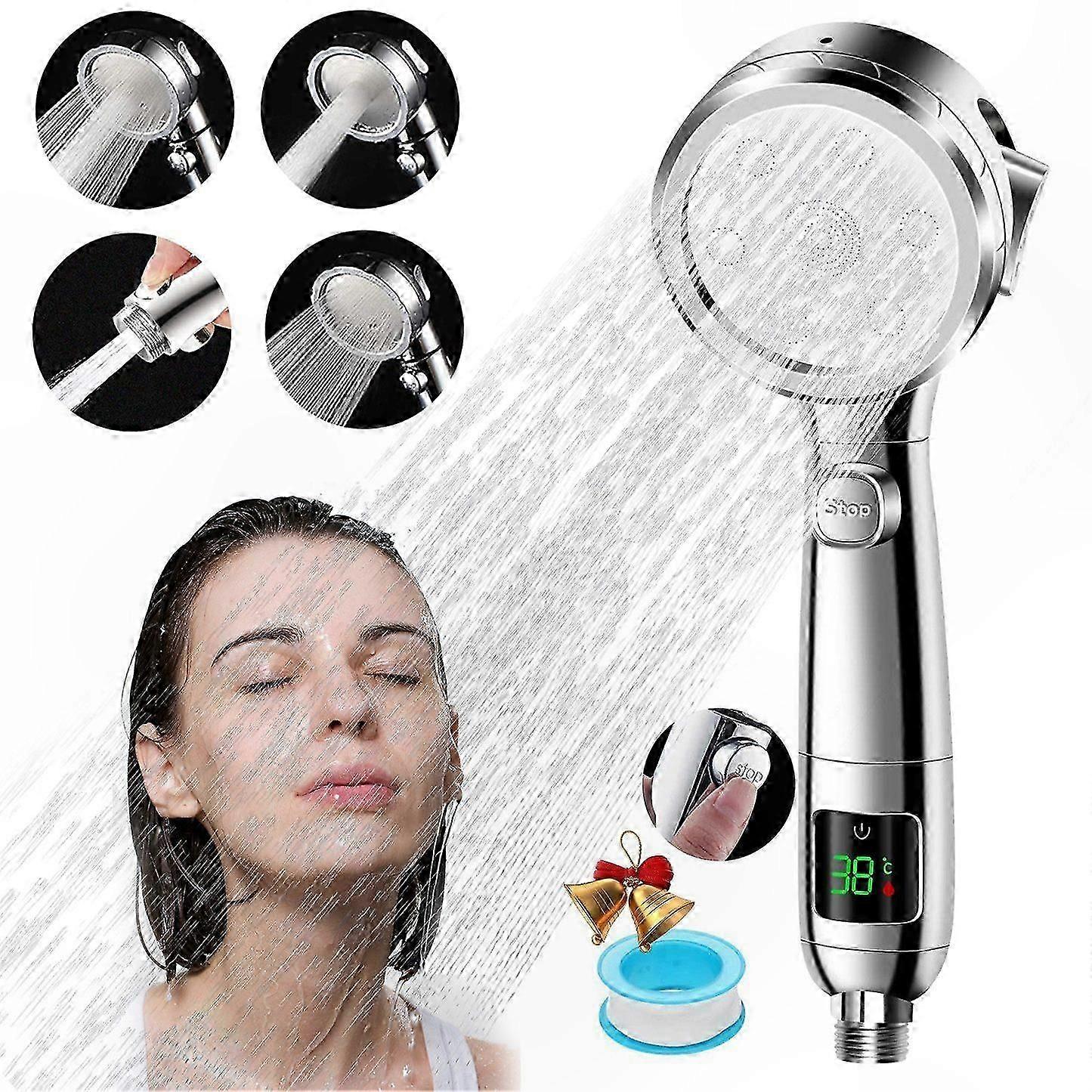 Shower Head with Temperature Display, 4 Spray Modes, Pause Function, Efficient Waterflow Design