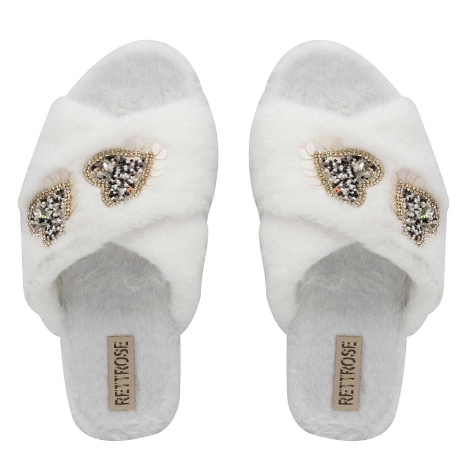 Katie cream luxury plush diamanté heart embellished handmade slipper