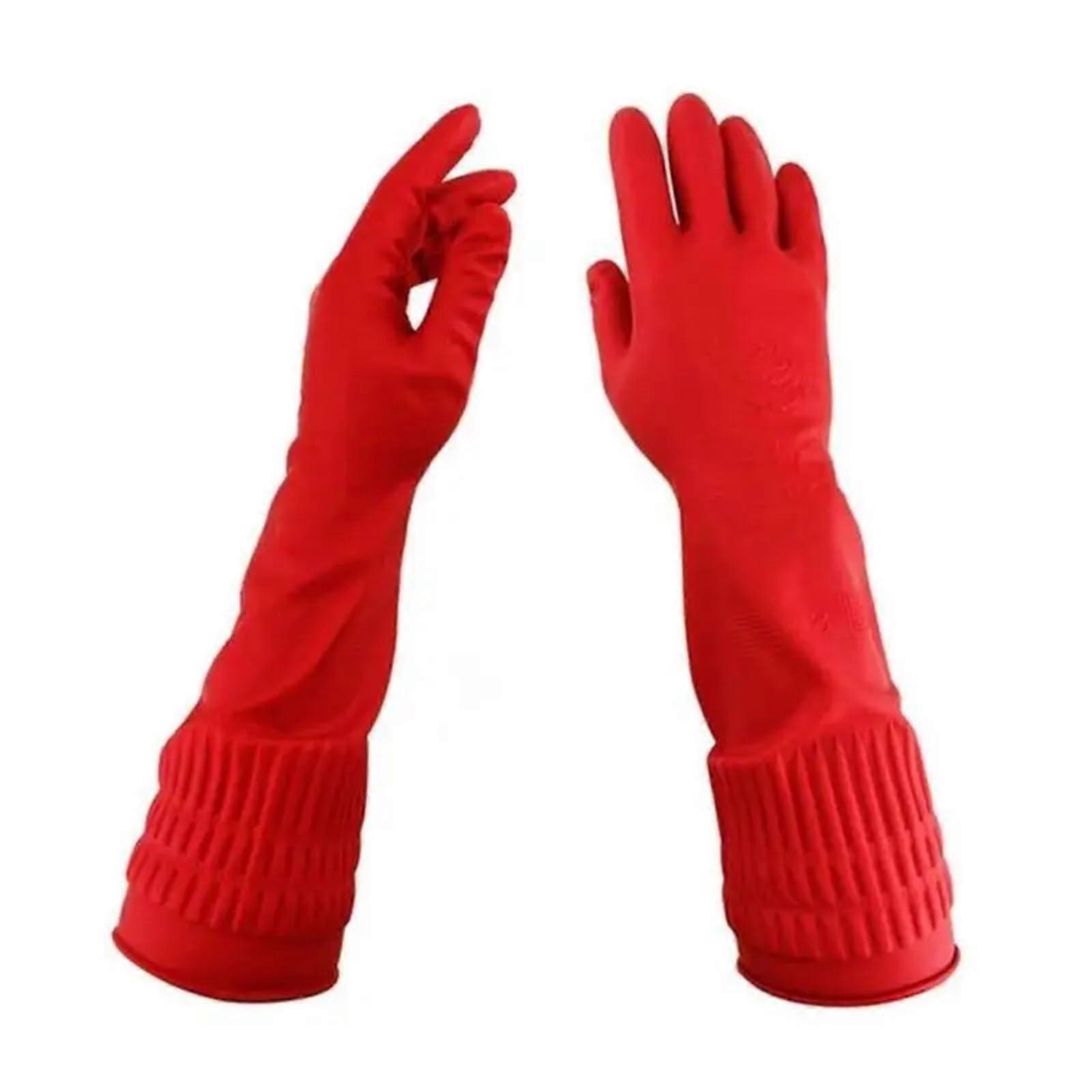 Rubber Gloves 2Pairs Household Dishwashing Cleaning Gloves Long Reusable Kitchen Waterproof(Large) Ref: 3917