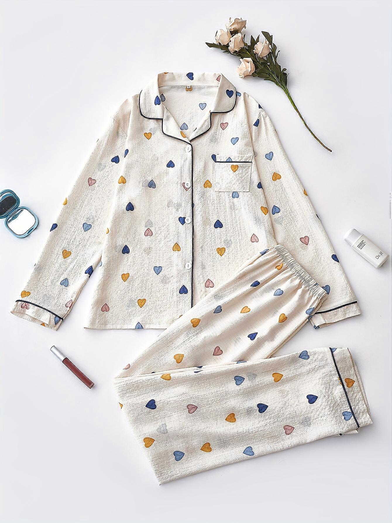 Women's Heart Print Casual Pajama Set, Long Sleeve Buttons Lapel Top & Pants, Comfortable Relaxed Fit For Fall