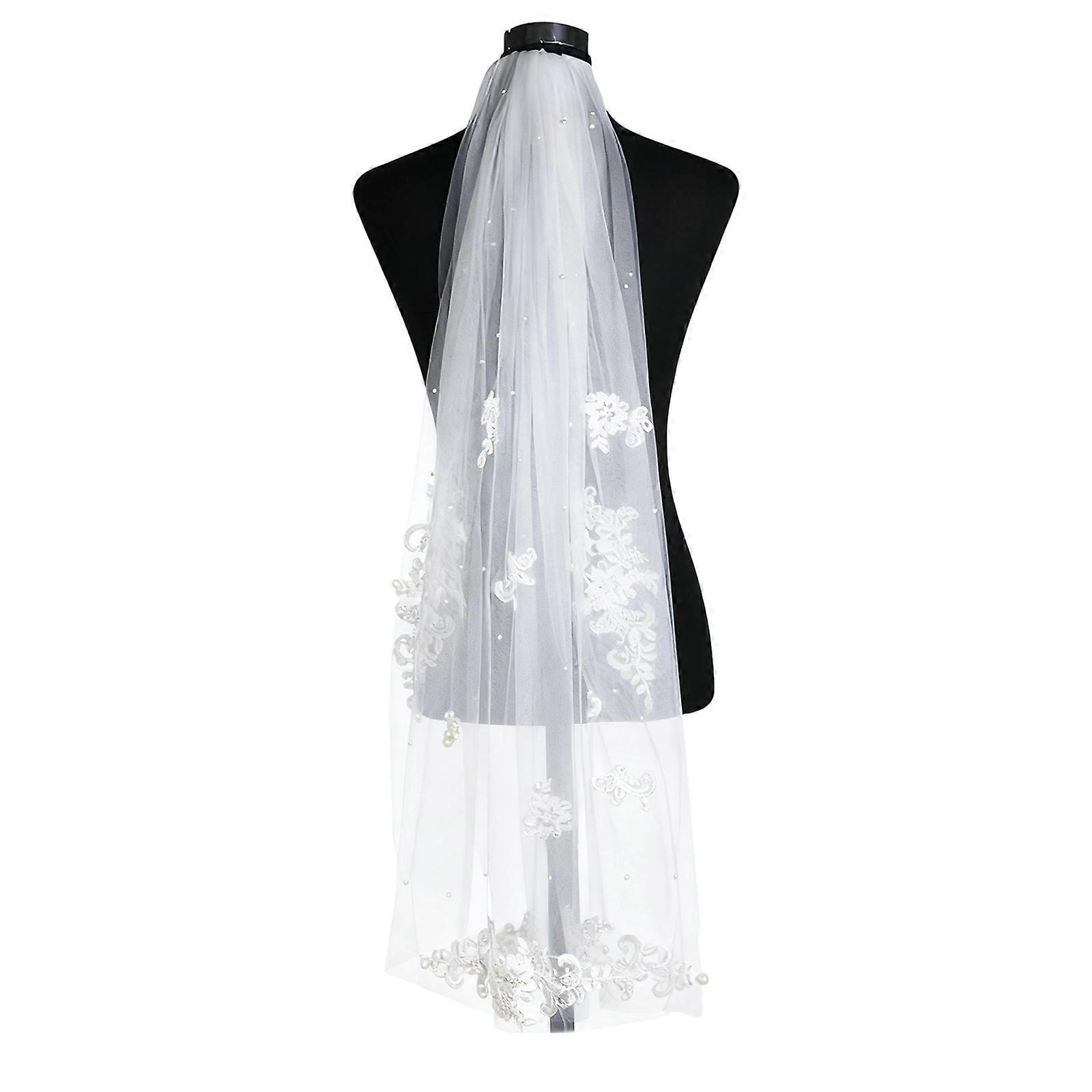 Classical Chapel Length Wedding Veils With Imitation Pearls Decoration And Embroidery Flower Applique for Wedding Ceremony  White