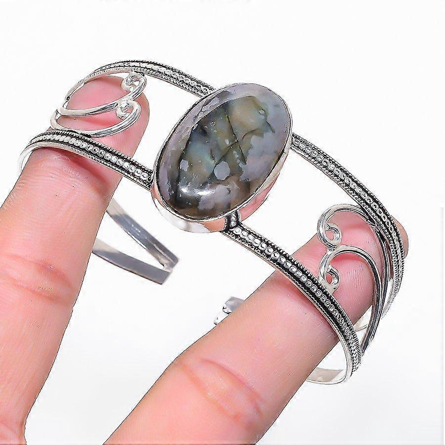 Natural Labradorite Gemstone 925 Sterling Silver Cuff Bangle Adjustable w5Q65