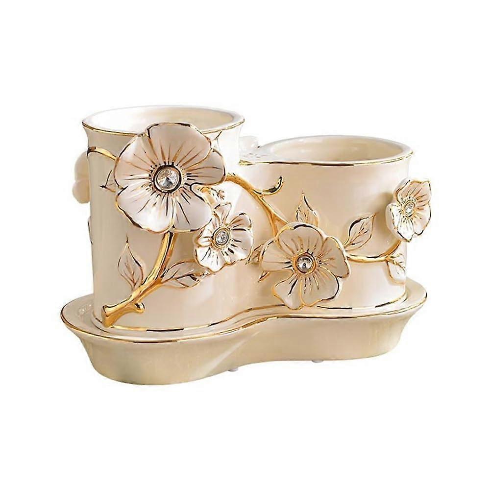 Ceramic Utensil Holder with Removable Drip Tray, Two Compartment Kitchen Utensil Organizer