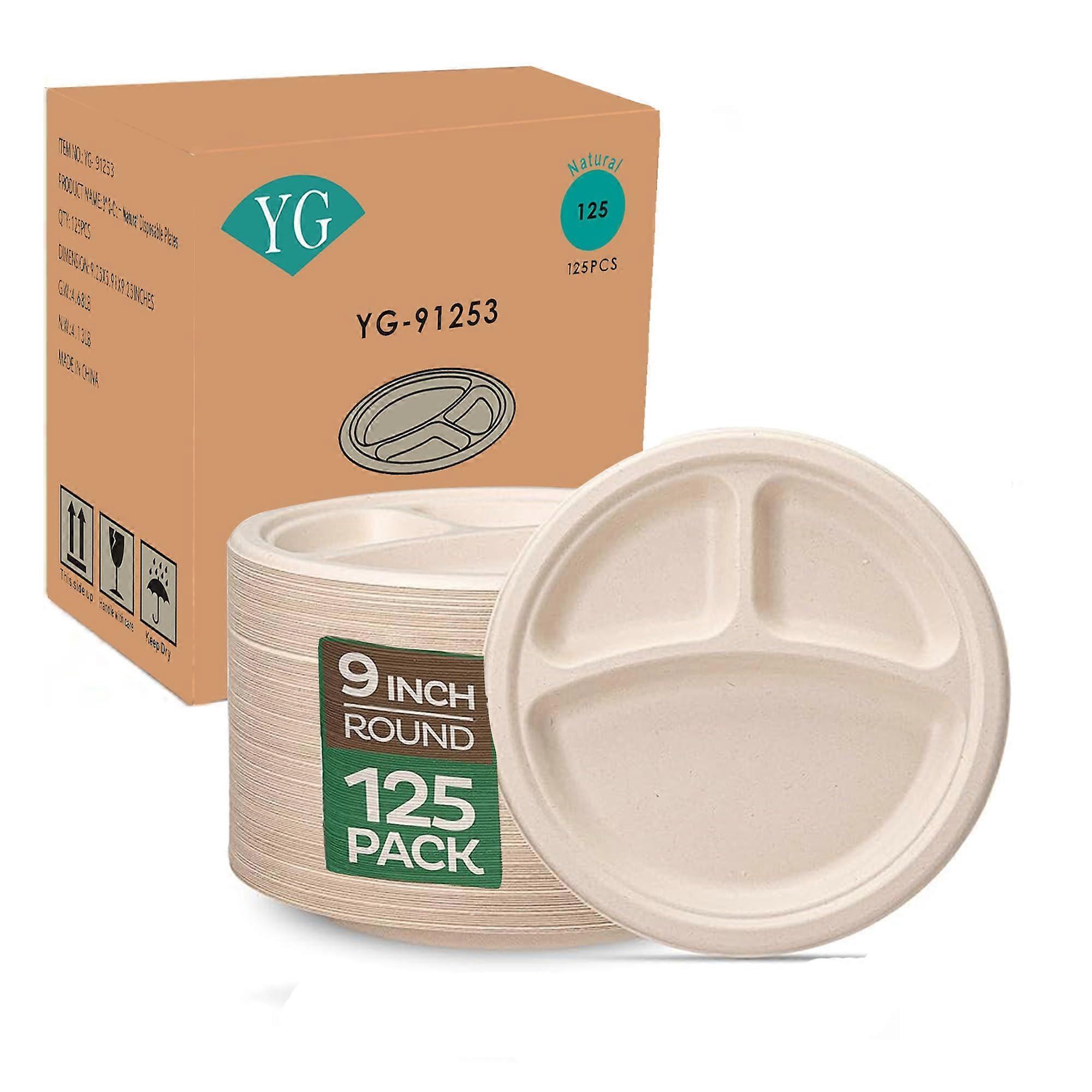 Compostable Paper Plates 9 Inch Heavy Duty 3 Compartment Biodegradable Sugarcane Brown 250 Pack