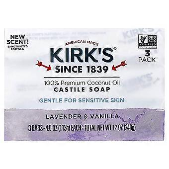 Kirk's, 100% Premium Coconut Oil Castile Bar Soap, Lavender & Vanilla, 3 Bars, 4 oz (113 g) Each, 3-