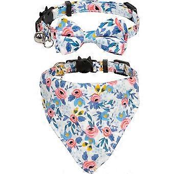 Cat Collar Set 2pcs Breakaway Bell Bow Tie Flower Spring Bandana Kitten 7-11" Floral Cute Blue Blue -