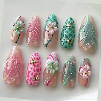 False Manicure Press On Set with 3D Flower Art, Gradient Pink Teal Color, 12 Sizes, 30Pcs, Adhesive Tabs and File Tool Included Multicolor