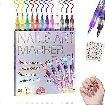 Set van 12 acryl nagellakmarkers in stiftvorm met een fijne punt van 0,5 mm, sneldrogend en waterbestendig, voor zelfgemaakte nageldesigns.