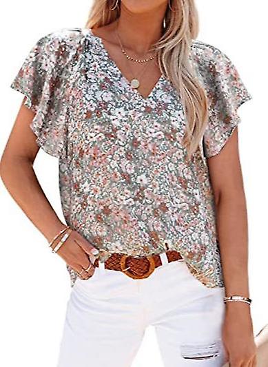 2022 Νέο V-λαιμόκοψη Chiffon Τοπ Γυναικείο Μανίκι T-shirt Λουλουδάτο Κοντομάνικο Πουκάμισο Σιφόν