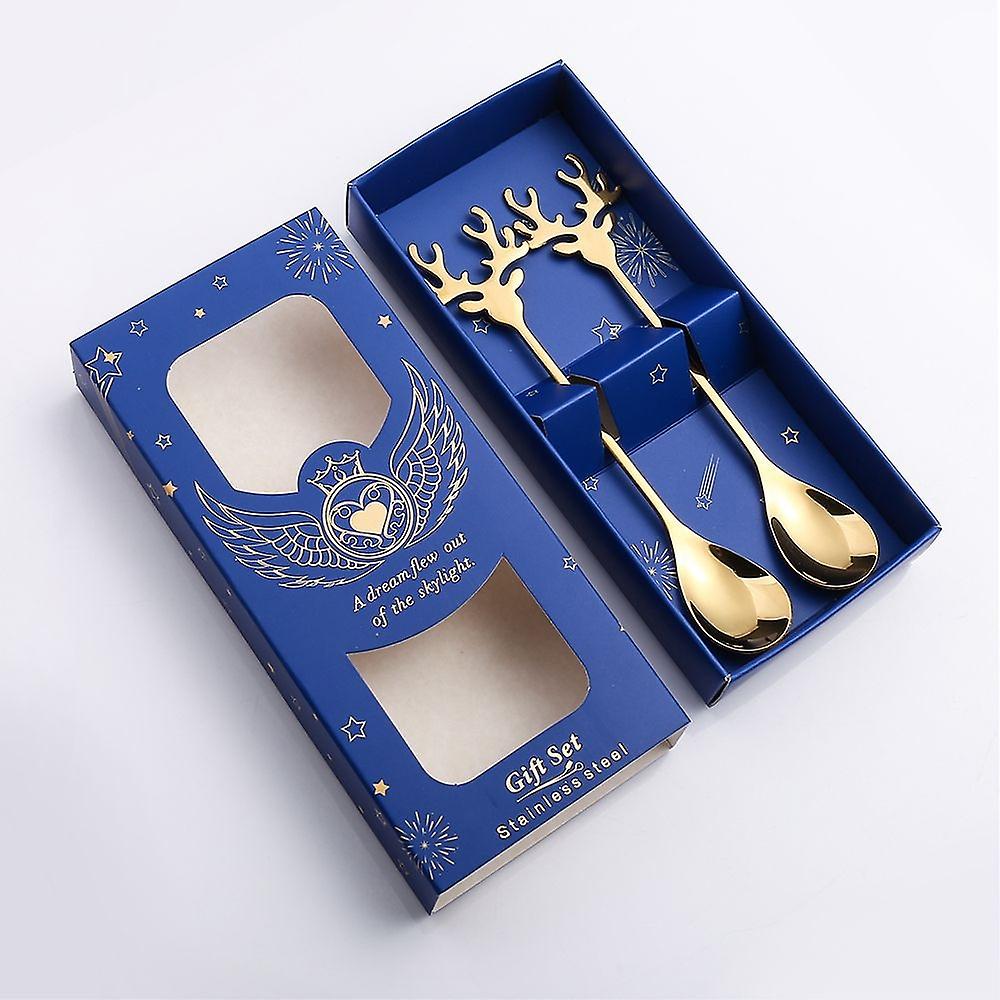 2pcs /Pack Stainless Steel Spoon Gold+Blue Box