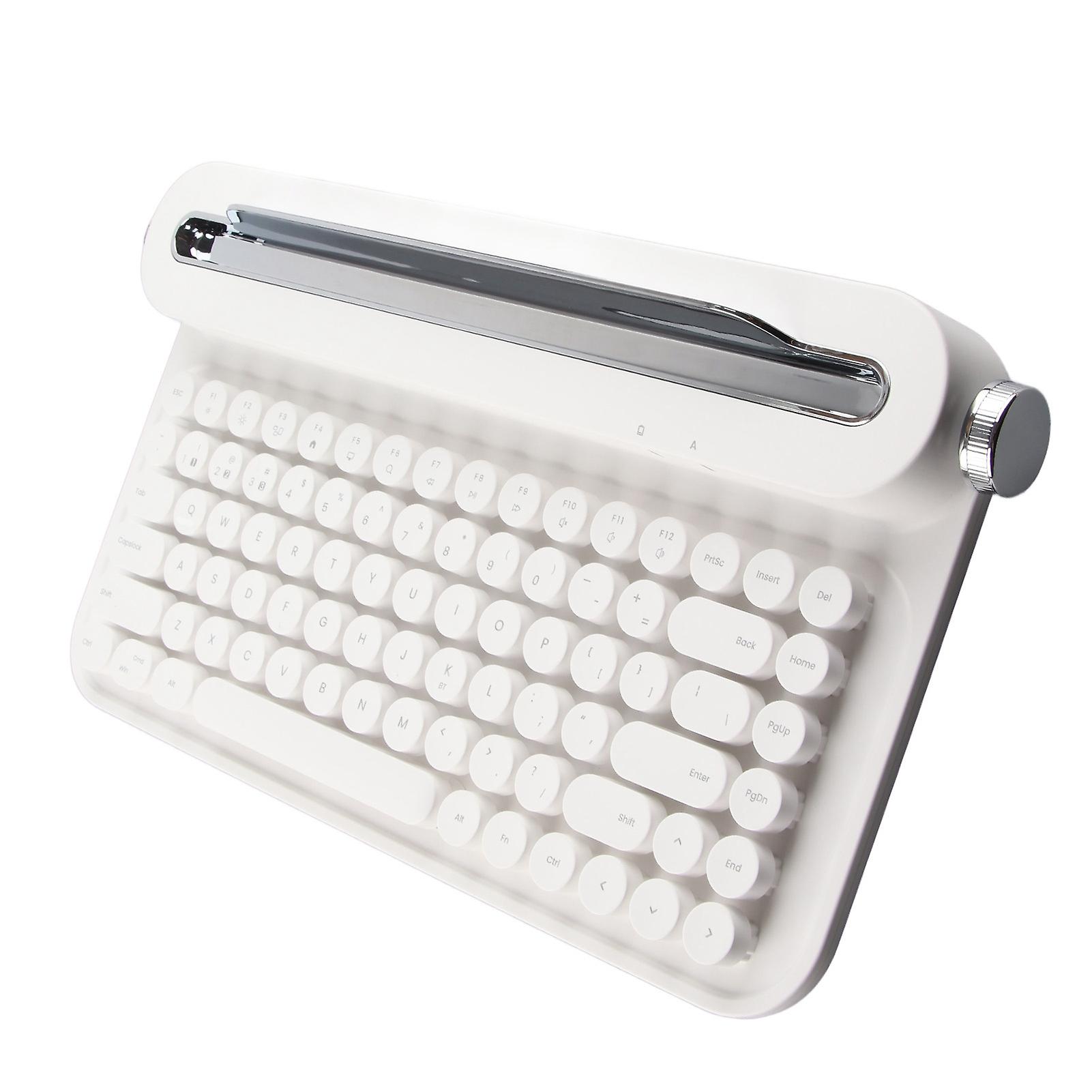 Vintage Bluetooth Keyboard 86 Keys Portable Wireless Keyboard with Integrated Stand for Windows for Android for IOS White 