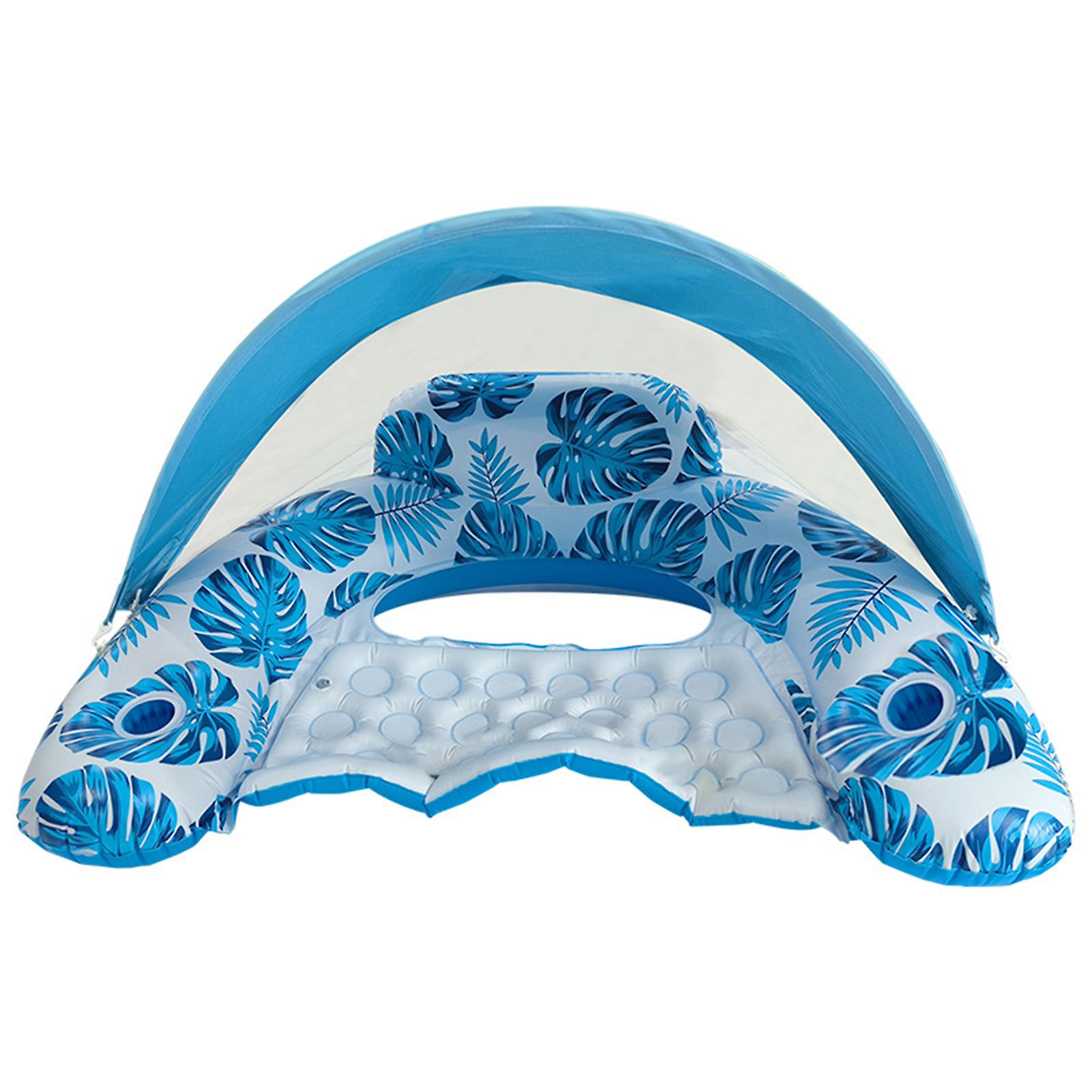 Inflatable Floating Raft with Ergonomic Headrest Stable Buoyant Strong Load-bearing Swimming Pool Float with Adjustable Canopy