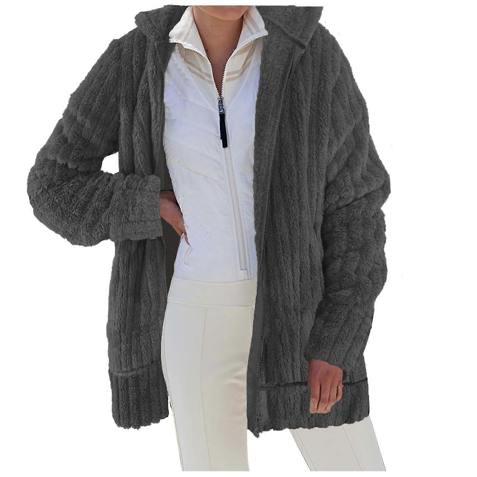 Women's Autumn And Winter Warm Plush Solid Color Zipper Pocket Hooded Loose Jacket