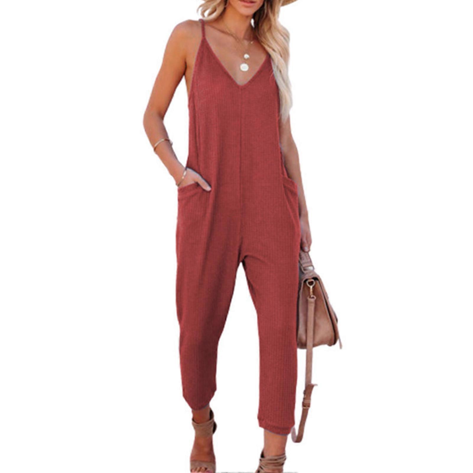 Bő ujjatlan jumpsuit spagetti pánt gofri V nyak hosszú nadrág játékruha oldalsó zsebbel Lady XL Red számára