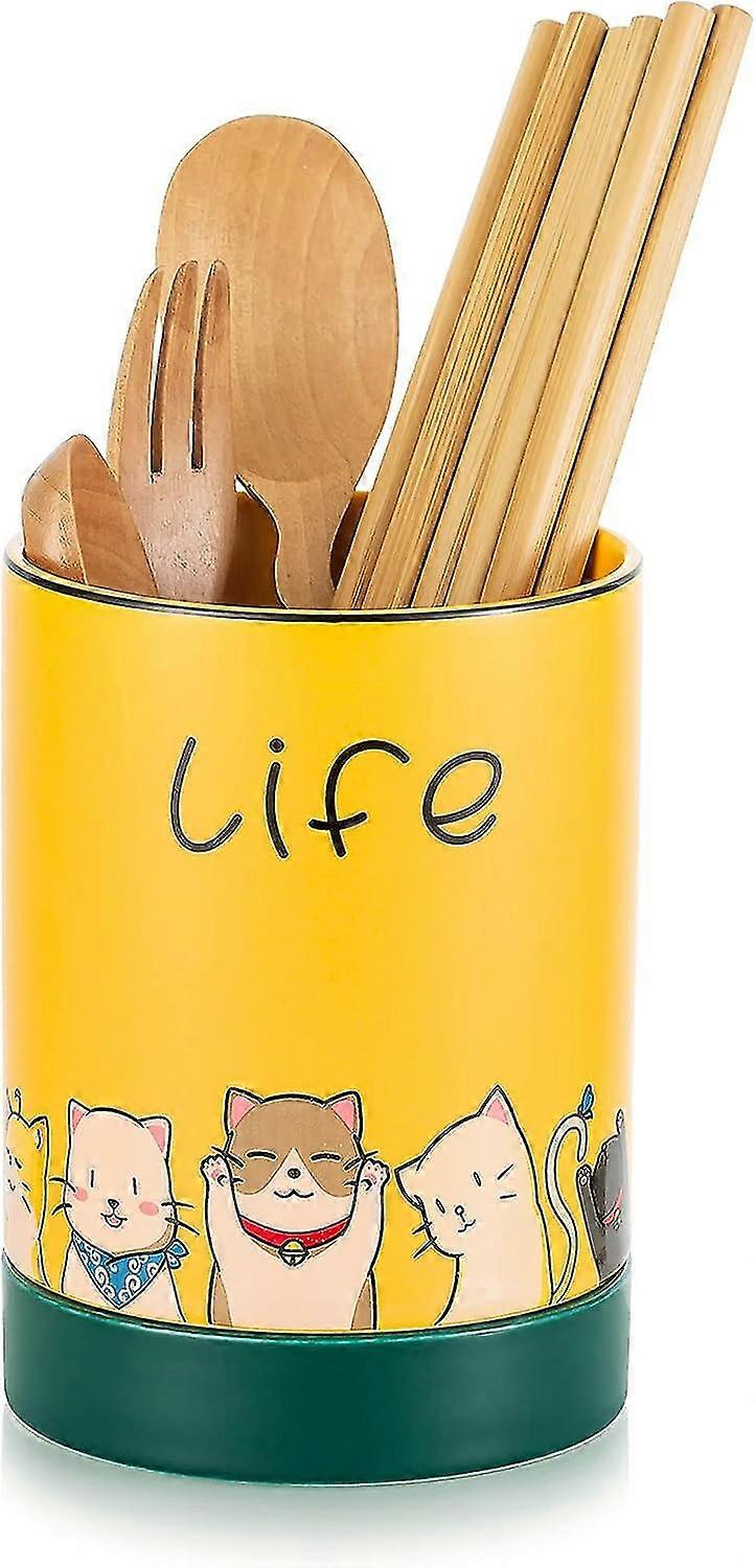 Kitchen Utensil Holder, Ceramic Cutlery Holder With Cute Cat Pattern, Convenient Kitchen