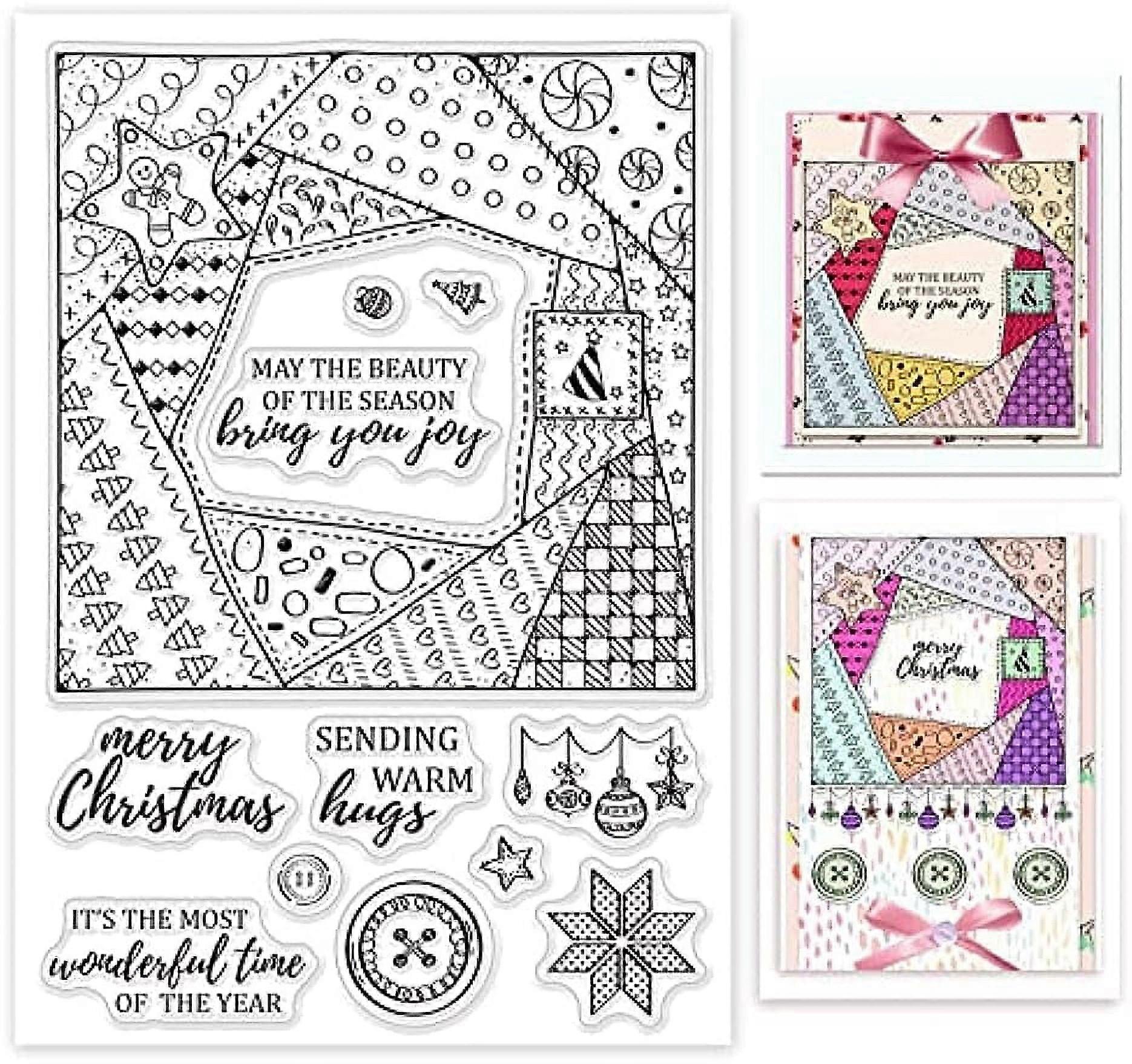 Merry Christmas Clear Stamp Greetings Patchwork Pattern Silicone Stamp Button Christmas Lights Rubber Stamp Transparent Stamp for Card Making Scrapboo