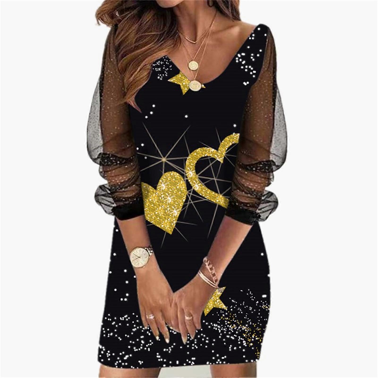 Women's Dress Sequins See-Through Mesh Long-Sleeved V-Neck Short Dresses