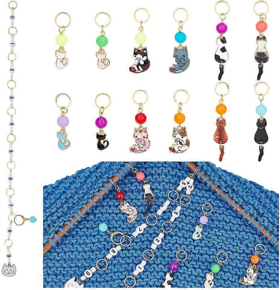 13 Pcs 0-9 Numbers Knitting Row Counter Chains and Cat Stitch Markers Alloy Enamel Stitch Marker for Knitting Weaving Sewing Jewelry Making Crochet Tr