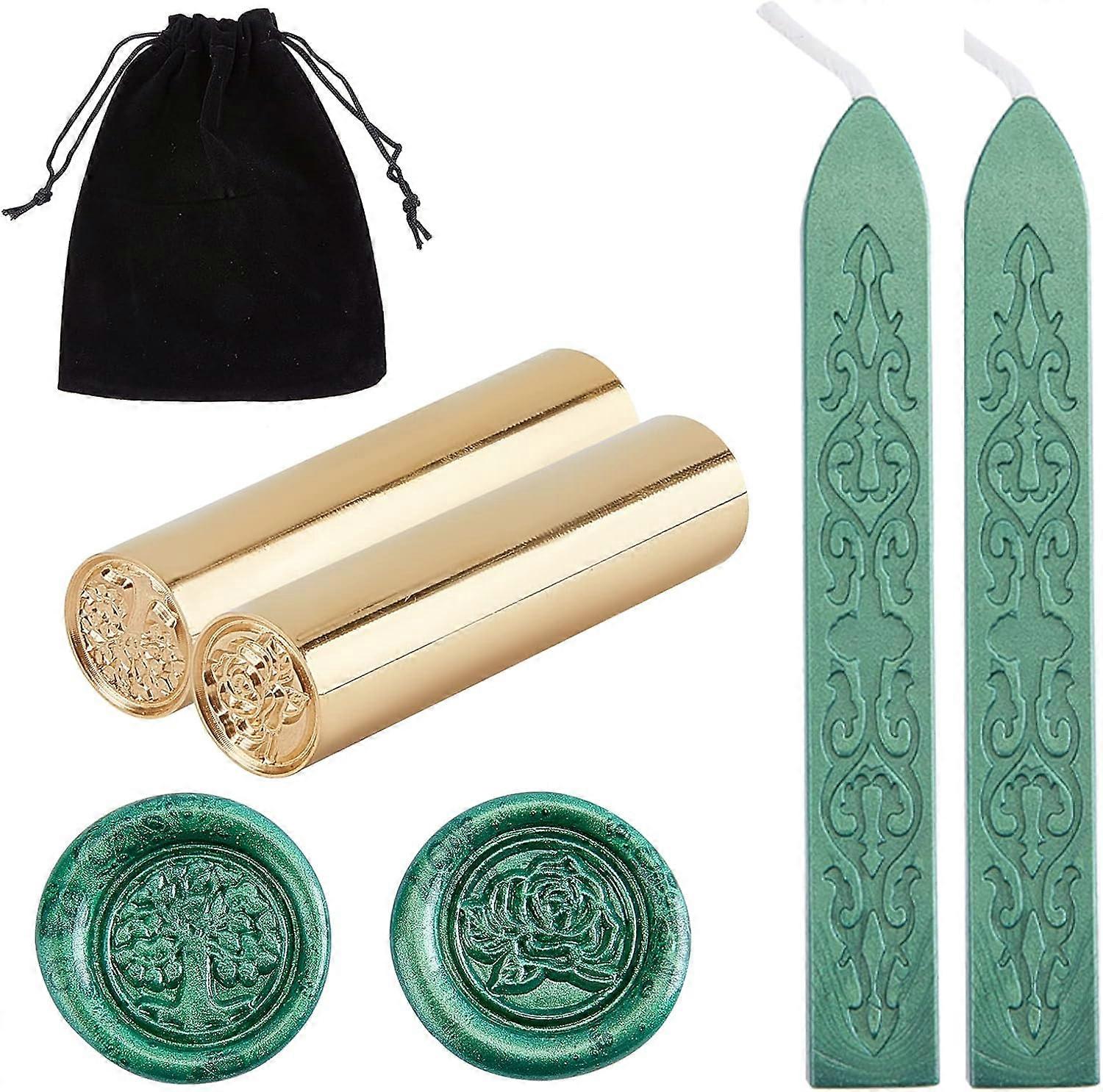 Sealing Wax Stamp Kit 2PCS Wax Seal Stamps 15mm Tree of Life & Rose Patterns with 2PCS Green Sealing Wax Sticks Packed in Black Velvet Pouches for Env
