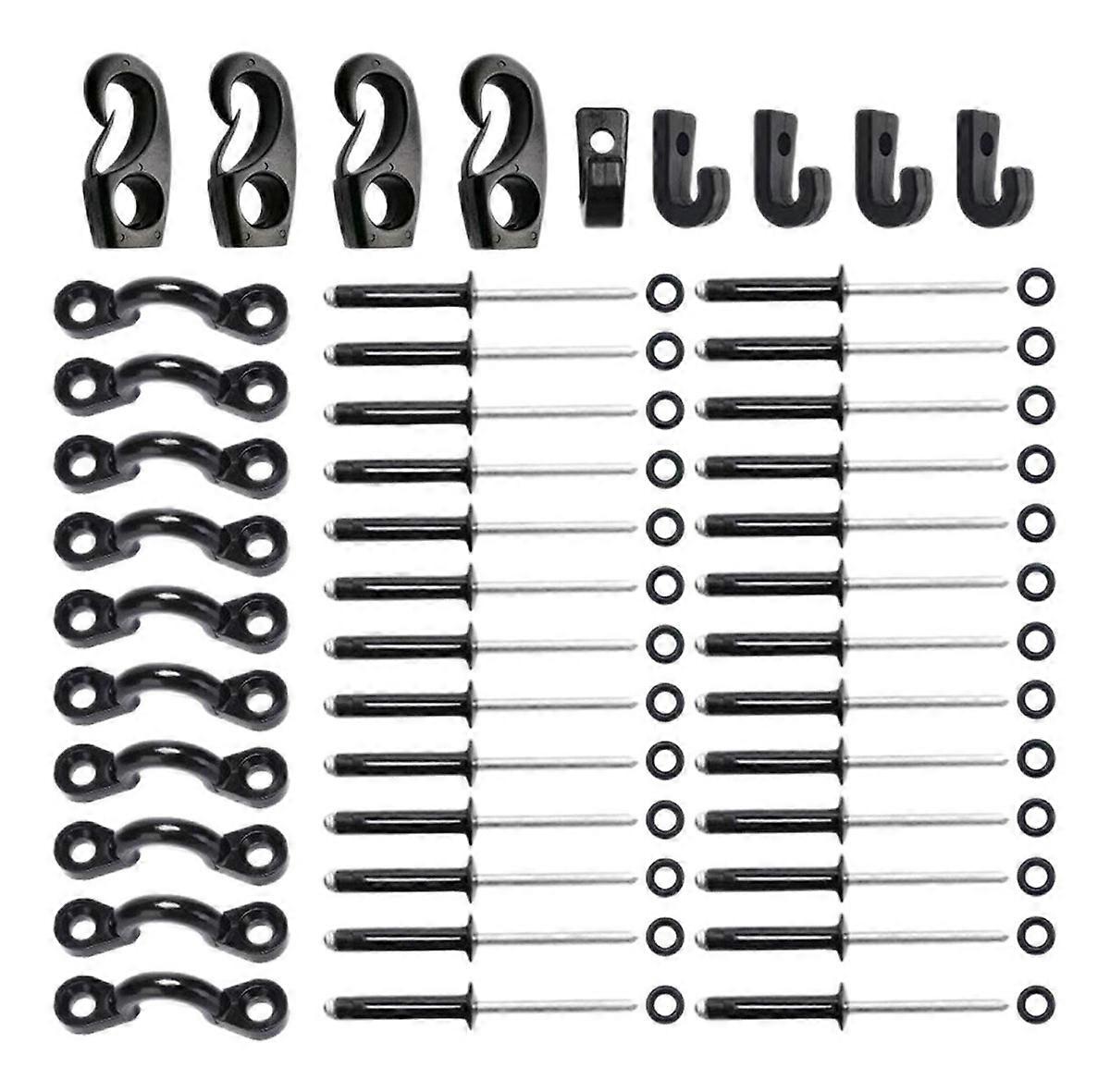 Deck rigging accessories with hook and loop, kayak accessories kit with rivet washers J-hook elastic rope buckle C-buckle (Black) (45pcs)