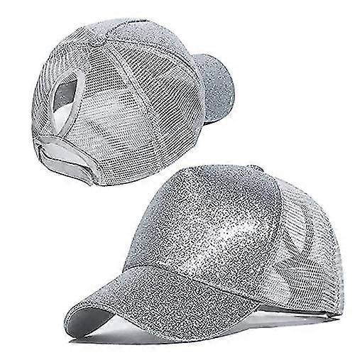 Visor Cap, Summer Glitter Ponytail Cap Mesh Hats Casualsilver