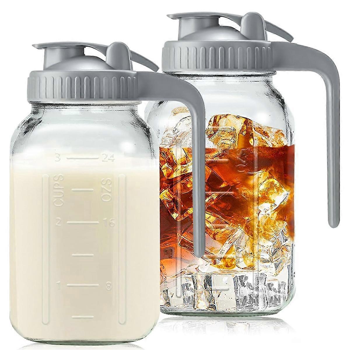 Glass Pitchers with Lid and Handle,32oz,Wide Mouth Leak-Proof Glass Water Pitcher, Creamer Container for Cold Brew 2Pcs