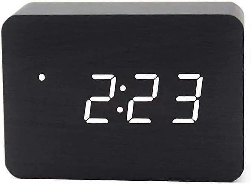Wooden Digital Alarm Clock for Bedrooms, 4 Level Adjustable Brightness and Voice Control, Display Time Temperature Date for Bedroom Office Home(Black)