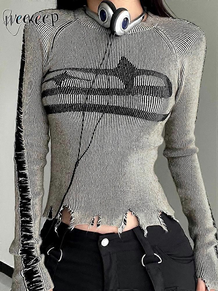Weekeep Ripped Vintage Pullover Harajuku Langarmpullover mit Patchwork-Print für Damen Herbst Winter Basic Pullover Street Style