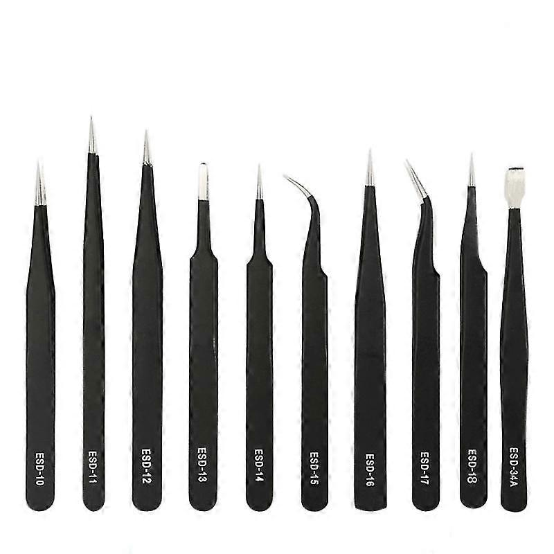 10x Stainless Steel Anti-static Precision Esd Tweezers, Suitable For All Types Of Maintenance Black Pointed Elbow Straight Nose Bird's Nest Hair Lifti