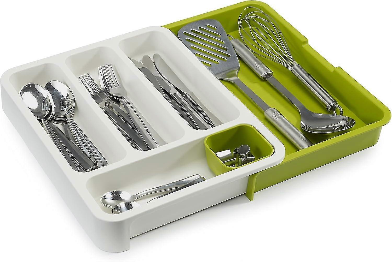 Expandable Cutlery Tray For Drawer, Adjustable Drawer Organizer - White/green