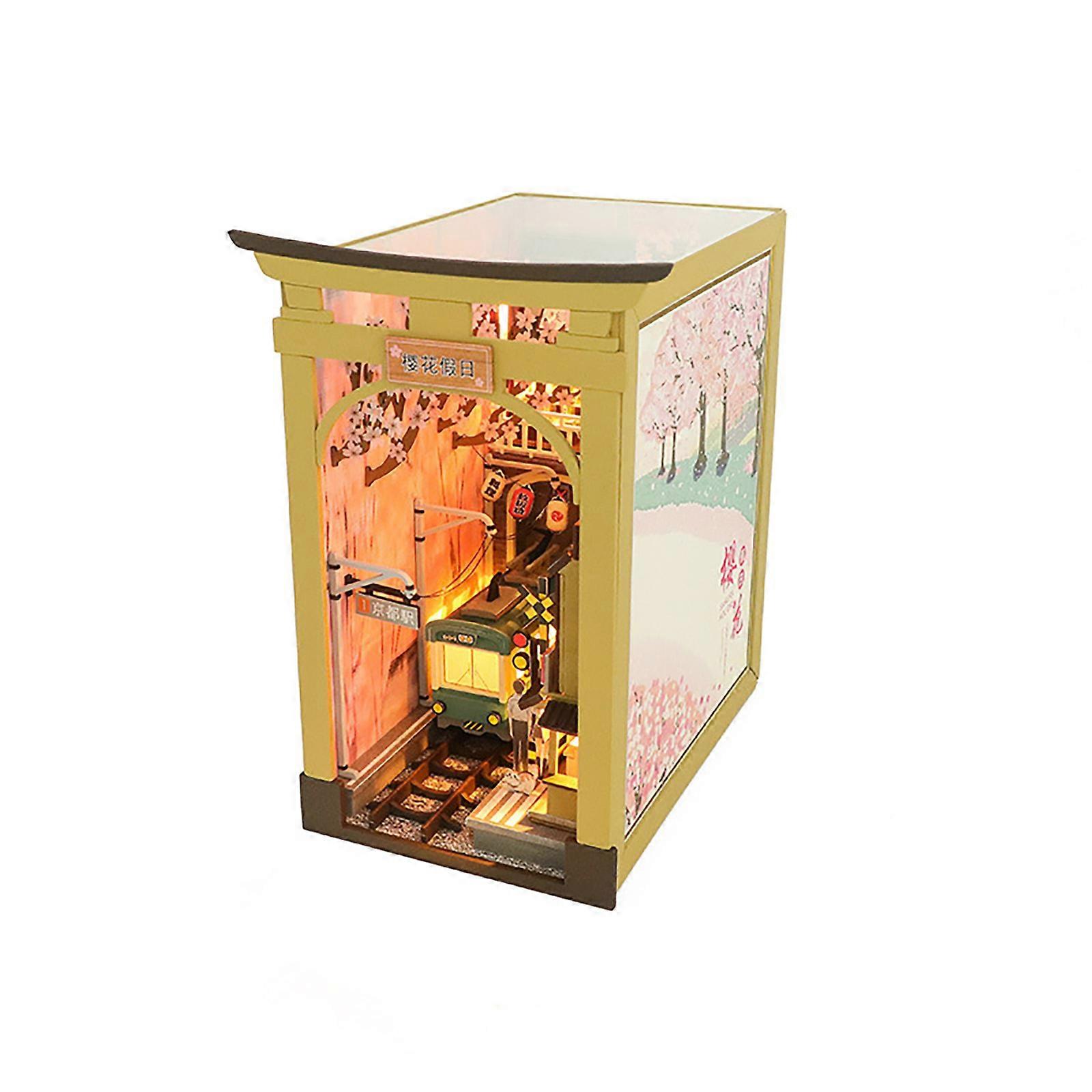 Assembled Toys Bookends LED Light Children's Wood Handmade Buidling Blocks Diy Creative 3D Japanese Architecture Educational